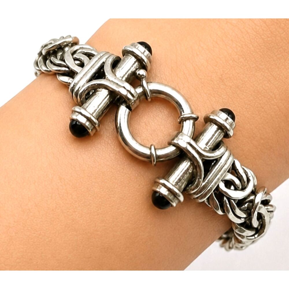 Sterling Silver 925 Byzantine Chain Link Bracelet with Onyx Cabochons 6.75"